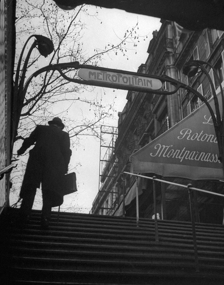 A man exits a Paris Metro station, 1946.