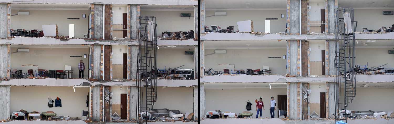 A man checks an apartment on a damaged building at the site of a blast in Reyhanli