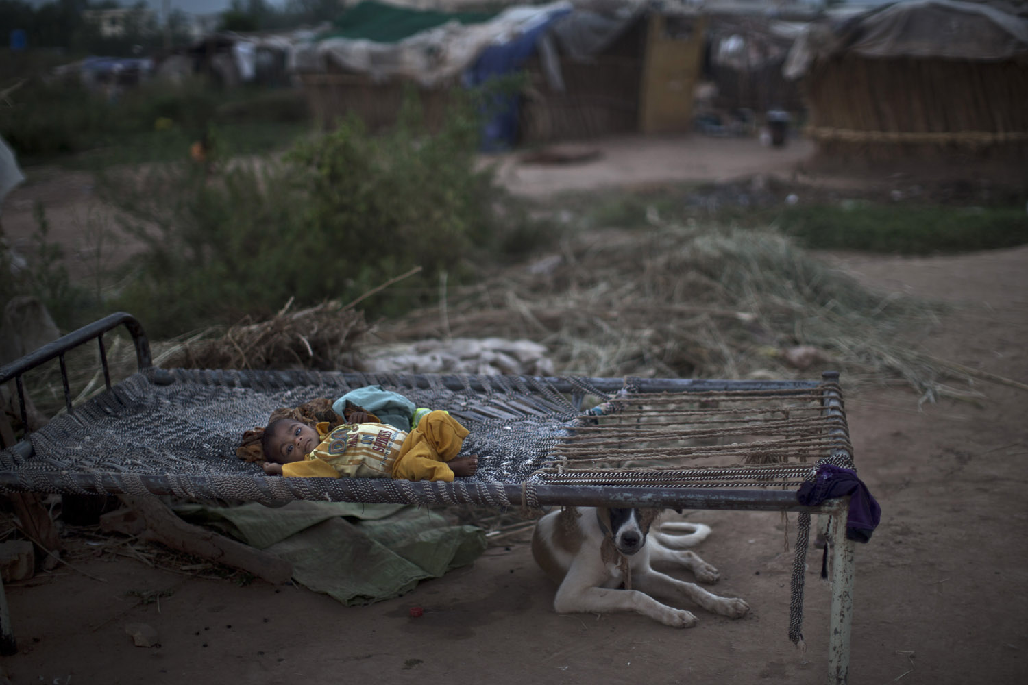 Sept. 25, 2013. A Pakistani child lies in a bed outside his family's makeshift home as a dog rests, in a slum in Islamabad. Slums built on illegal lands have neither running water or sewage disposal.