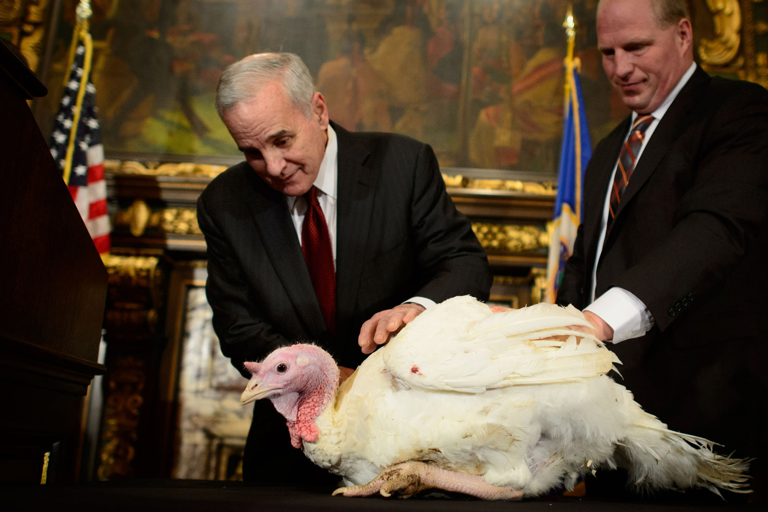Nov. 25, 2013. Minnesota Gov. Mark Dayton, center, kicks off Thanksgiving week in Minnesota by ordering a brief stay of execution for a turkey at the state Capitol in Minneapolis.