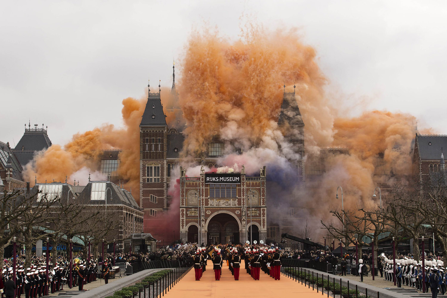Queen Beatrix of Netherlands ignites fireworks at the Rijksmuseum in Amsterdam