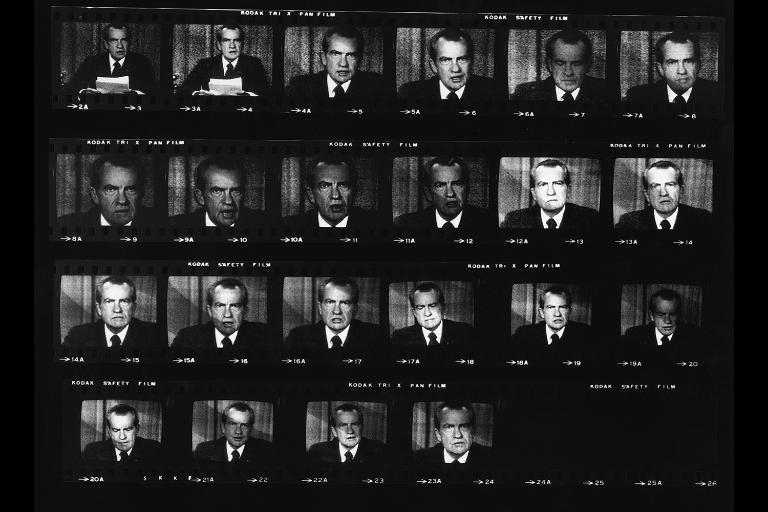 A contact sheet showing the resignation of Richard Nixon as televised from the White House on August 8th, 1974.