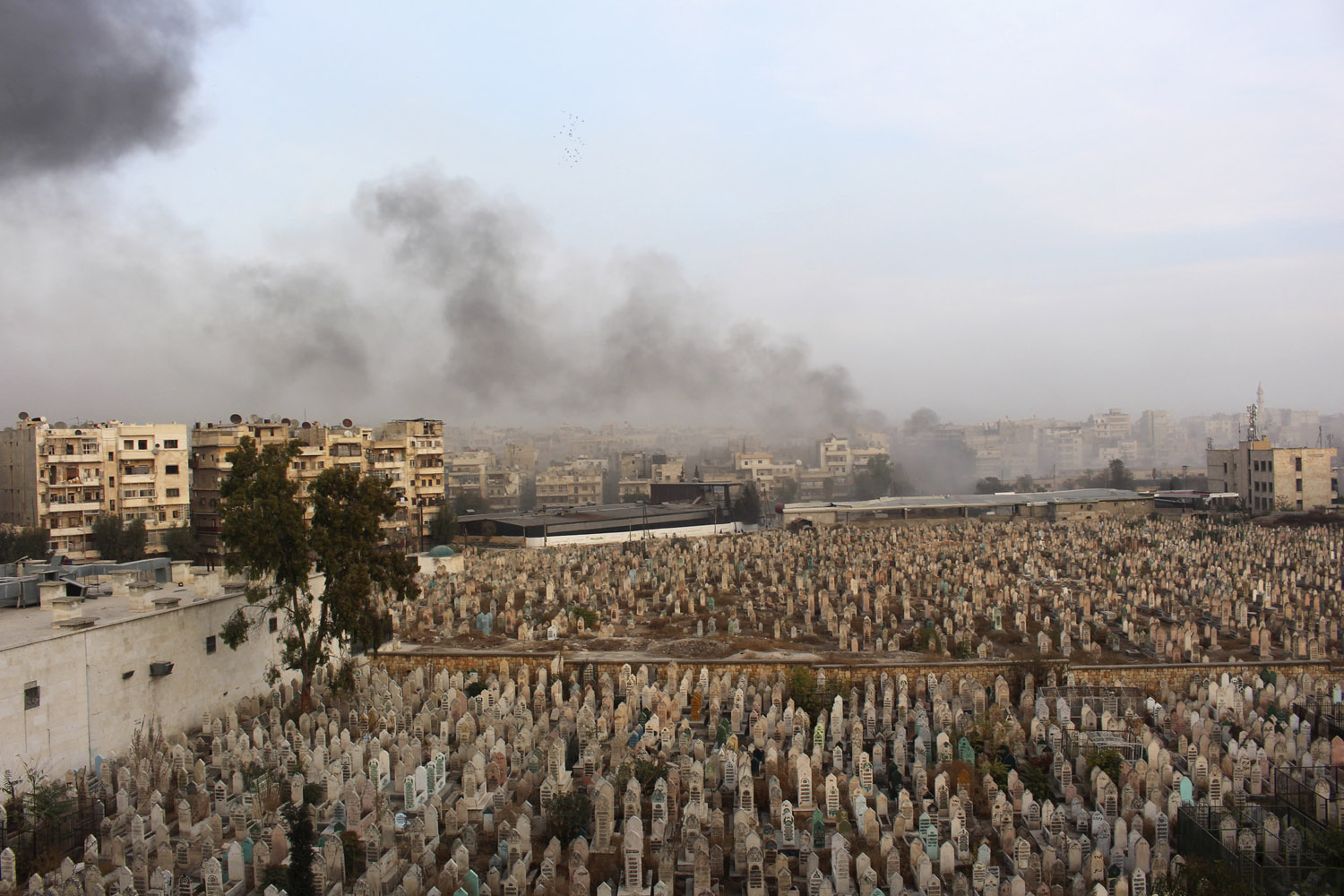 Smoke rises after what activists said was a government jet dropping barrel bombs at Qadi Askar district, in Aleppo