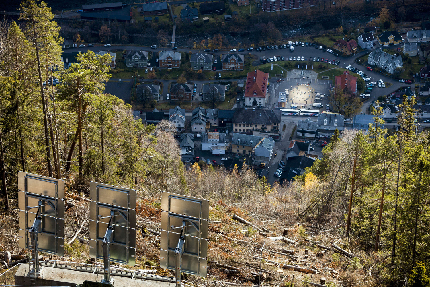 Oct. 30, 2013. The huge sun mirrors that are set up on the hillside above Rjukan, Norway to reflect sunlight down on the town square, are seen during the official opening.