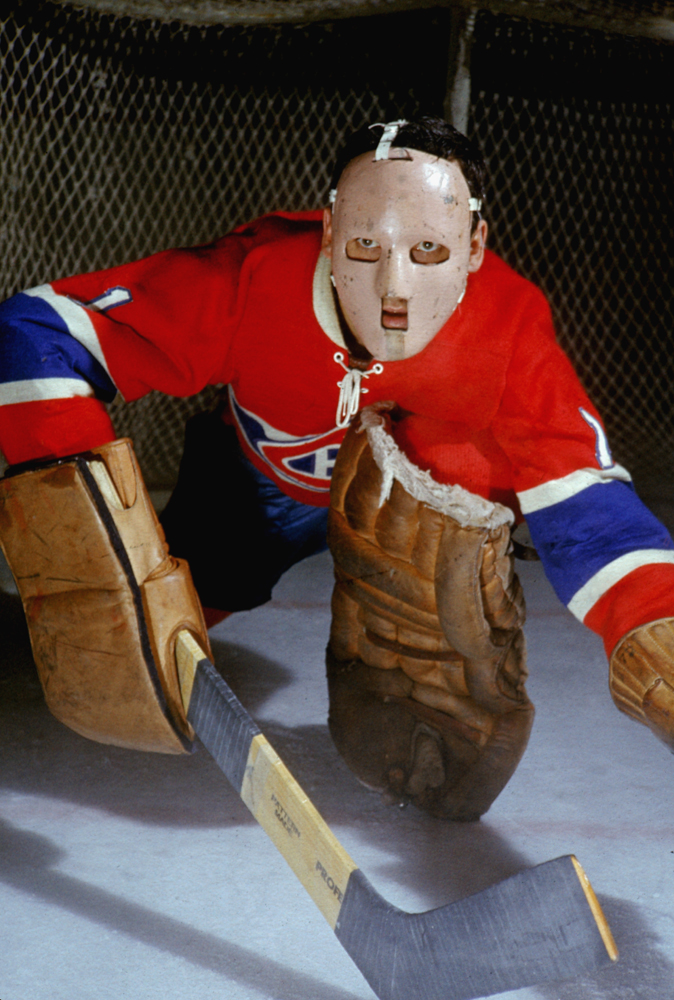 Jacques Plante, goalie for the Montreal Canadiens, wearing mask of his own design, 1959.