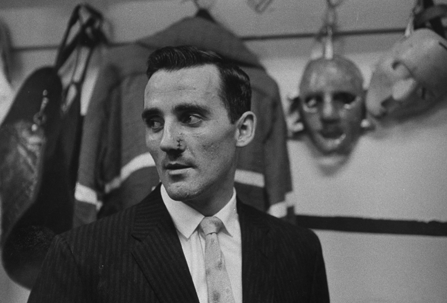Montreal Canadiens goalie Jacques Plante, with facial stitches, 1959.
