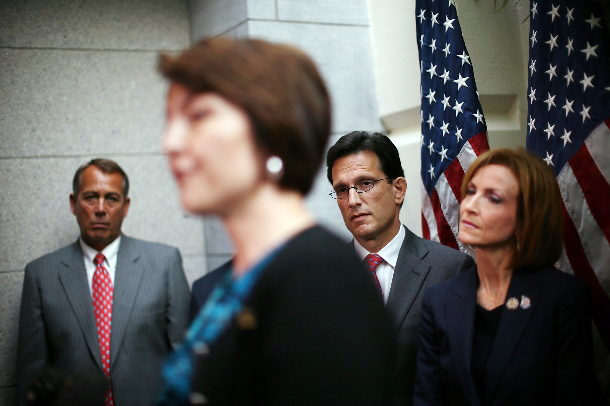 From left, Speaker of the House John Boehner, House Republican Conference vice chair Cathy McMorris Rodgers, House majority leader Eric Cantor and Representative Nan Hayworth attend a news conference on Capitol Hill on July 10, 2012 (Alex Wong / Getty Images)