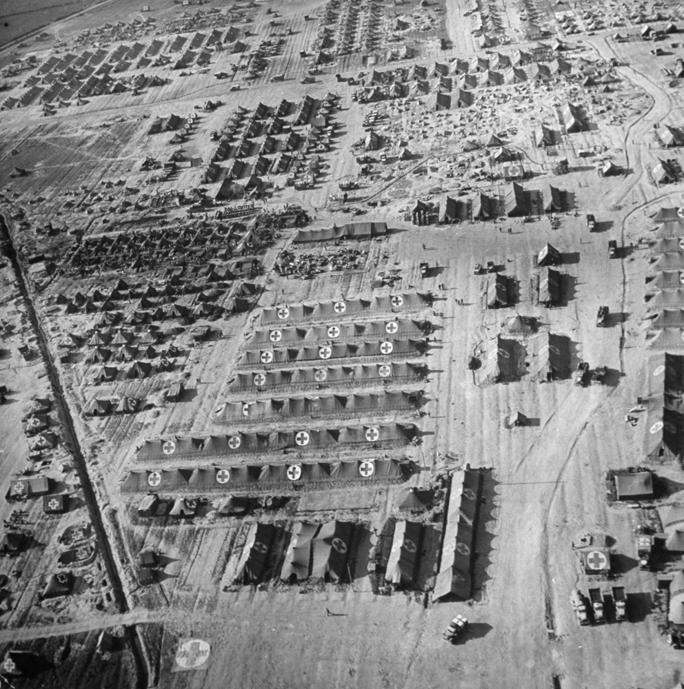 Aerial view of beachhead hospital. It has been shelled, bombed, strafed by Germans