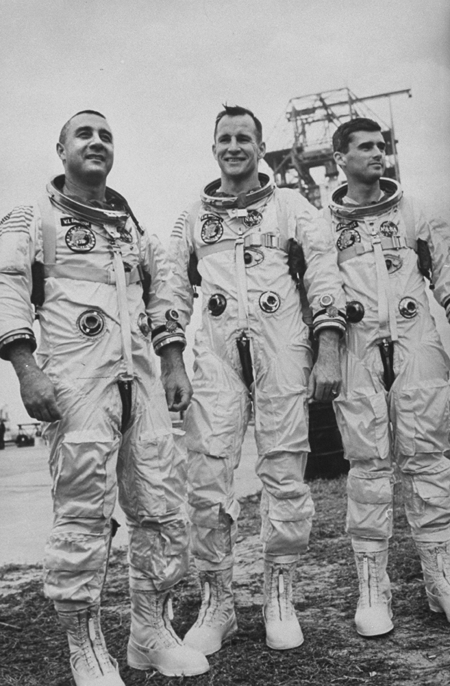 Apollo 1 astronauts (l-r) Gus Grissom, Ed White and Roger Chaffee, photographer the week before the fatal fire at Pad 34, from which their mission was to have launched in February 1967.