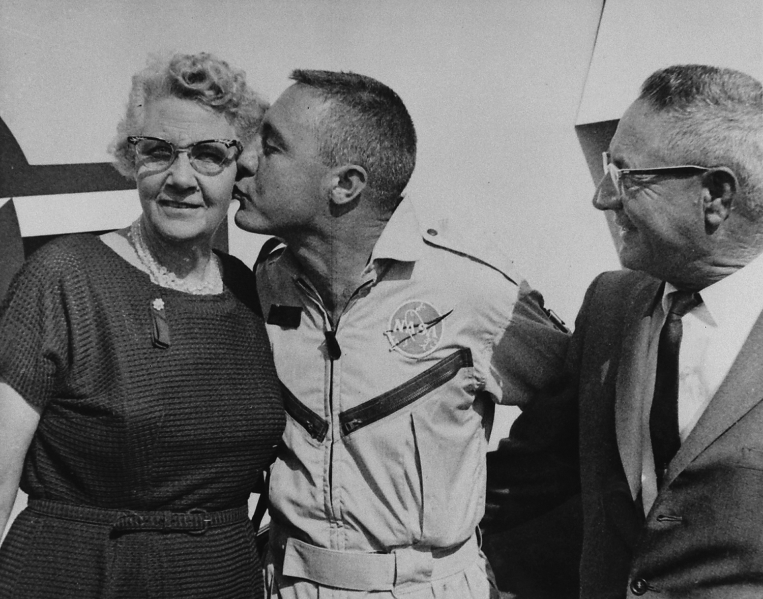 Home a hero after his successful 1965 mission in Gemini 3, [Gus Grissom] greeted his parents who came from Mitchell, Ind. for the flight.
