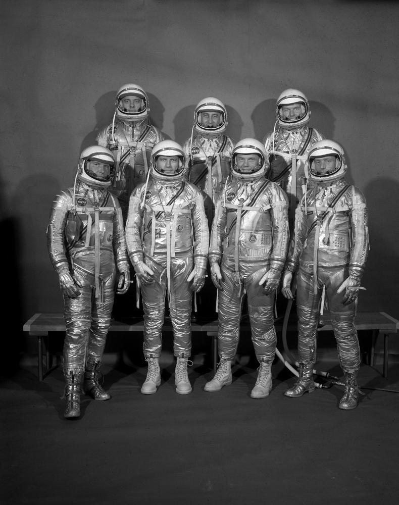 Project Mercury astronauts at Langley Air Force Base, Virginia: (top, left to right) Alan Shepard, Gus Grissom, Gordon Cooper; (bottom left to right) Wally Schirra, Deke Slayton, John Glenn and Scott Carpenter, 1959.