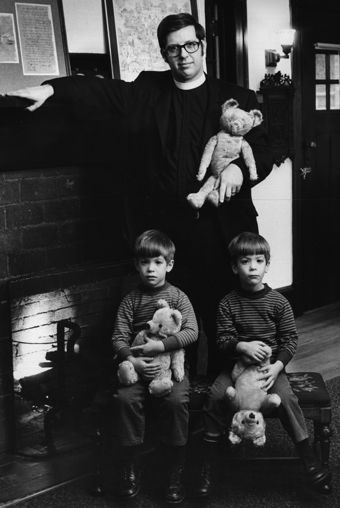 The Rev. Stephen Williamson of Wilkes-Barre, Pa., with teddy bears and sons, 1970.