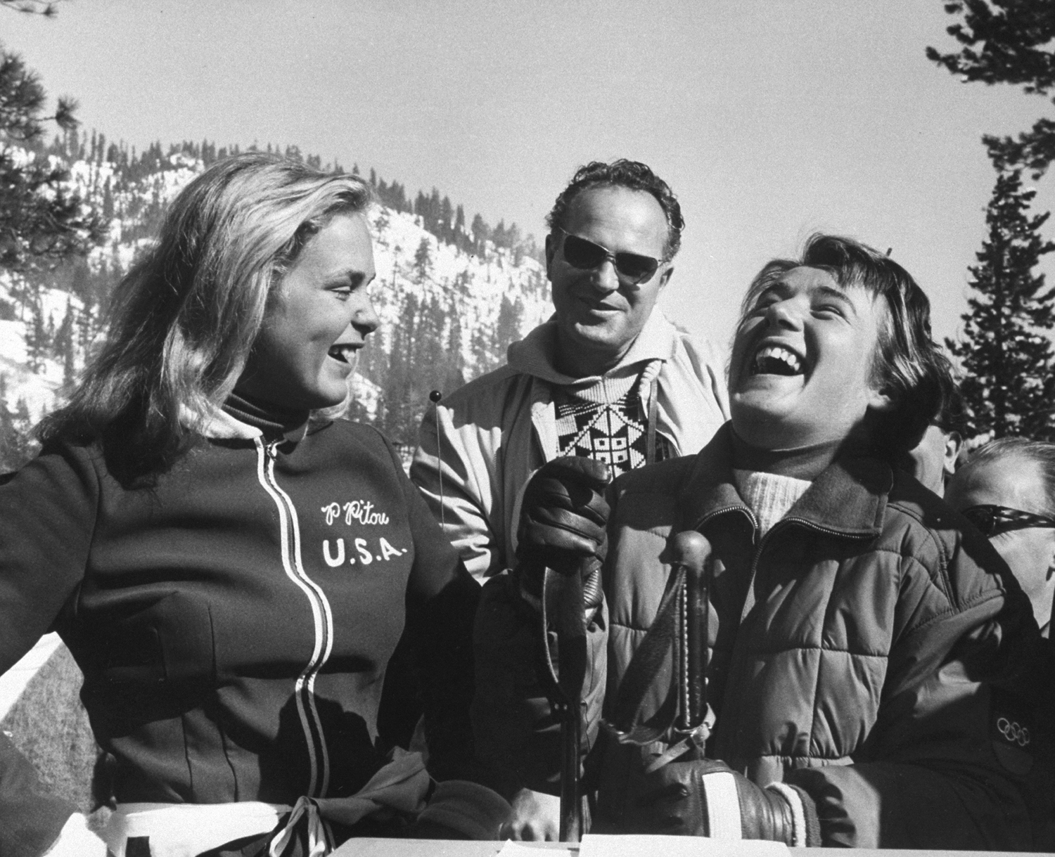 American silver medalist Penny Pitou (left) and German downhill gold medalist Heidi Biebl, Squaw Valley, 1960.
