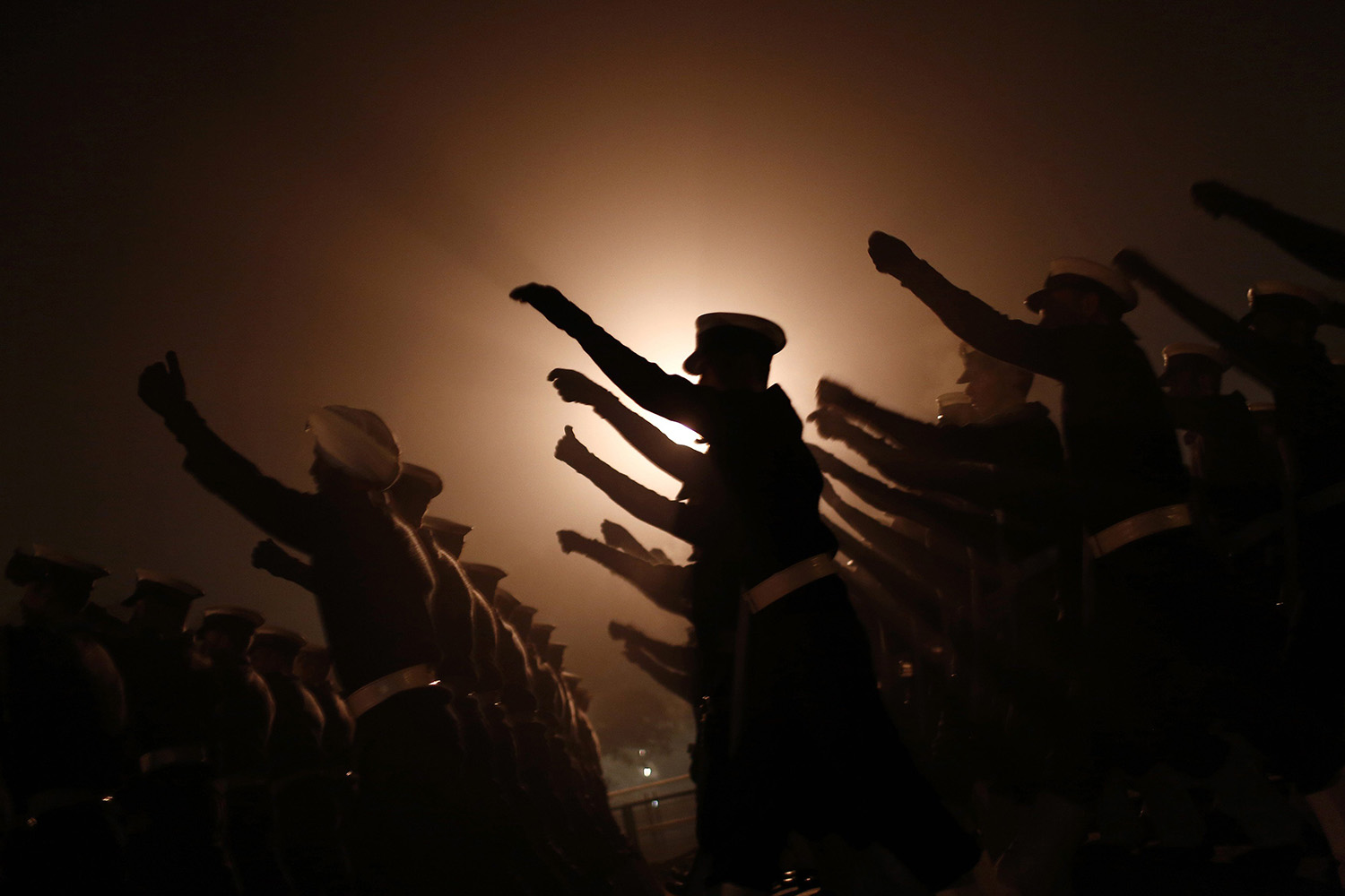 Indian soldiers march during the rehearsal for the Republic Day parade on a cold winter morning in New Delhi