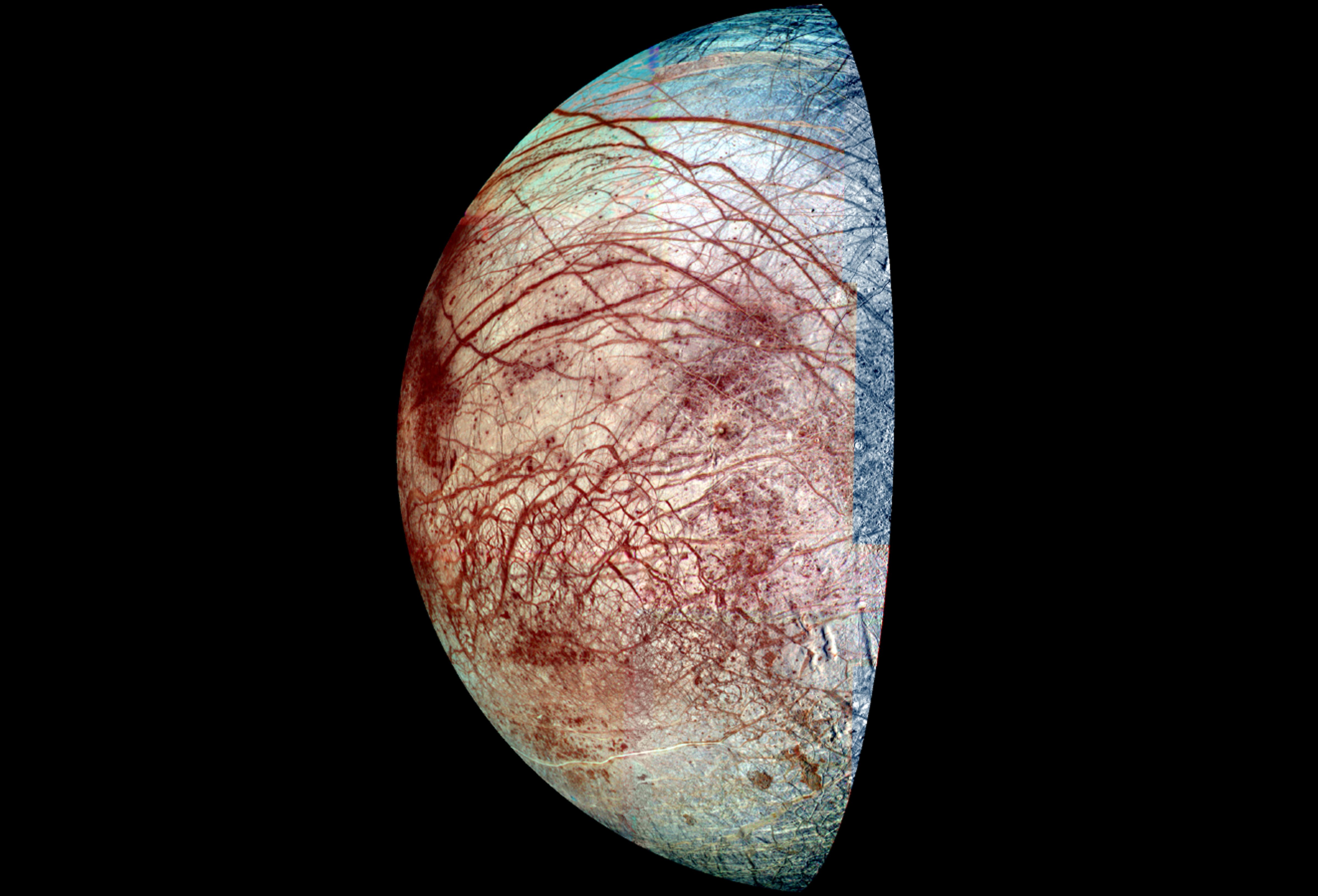 Europa, a moon of Jupiter, from NASA's Galileo spacecraft, which has been orbiting Jupiter since 1995. (Universal History Archive / Getty Images)