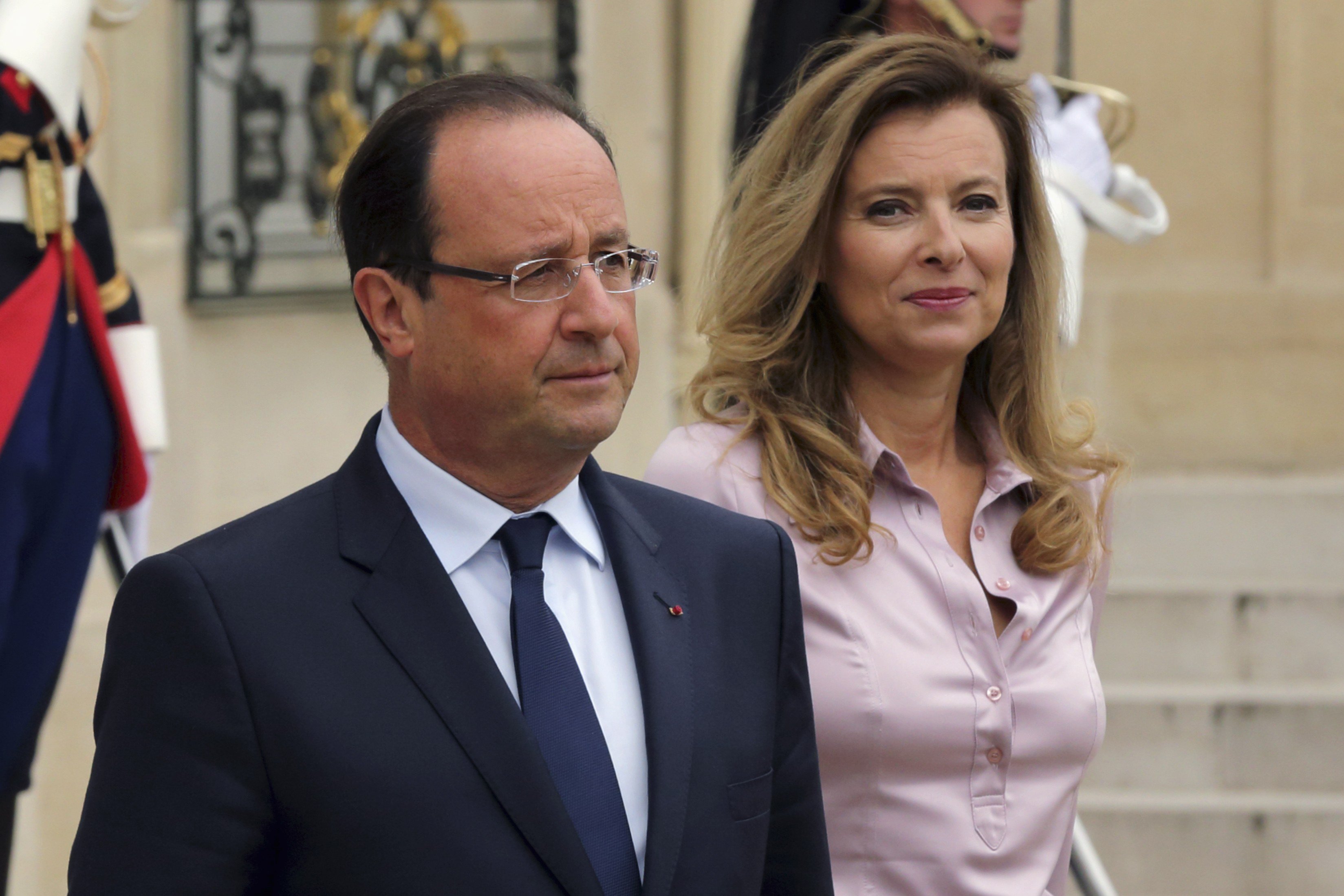 French President Hollande and first lady Valerie Trierweiler after a meeting at the Elysee Palace in Paris