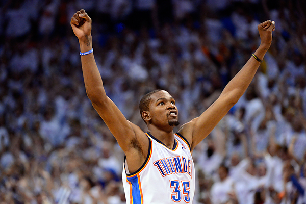 Kevin Durant #35 of the Oklahoma City Thunder reacts towards the end of the game against the San Antonio Spurs in Game Six of the Western Conference Finals of the 2012 NBA Playoffs at Chesapeake Energy Arena on June 6, 2012 in Oklahoma City, Oklahoma. (Ronald Martinez—Getty Images)