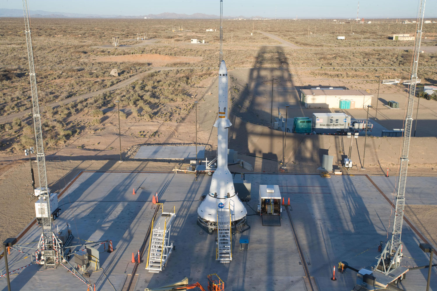 The launch-abort rockets and an Orion mock-up are prepared on the pad for their test flight at the U.S. Army's White Sands Missile Range in New Mexico, on April 8, 2010.