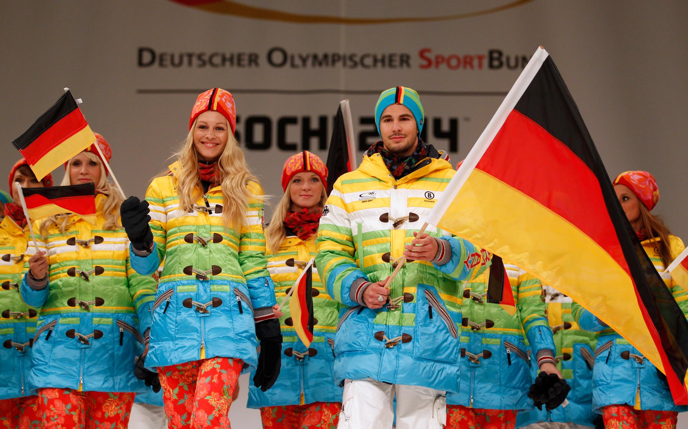 German athletes are sure to stand out with these multi-colored duffle coats.