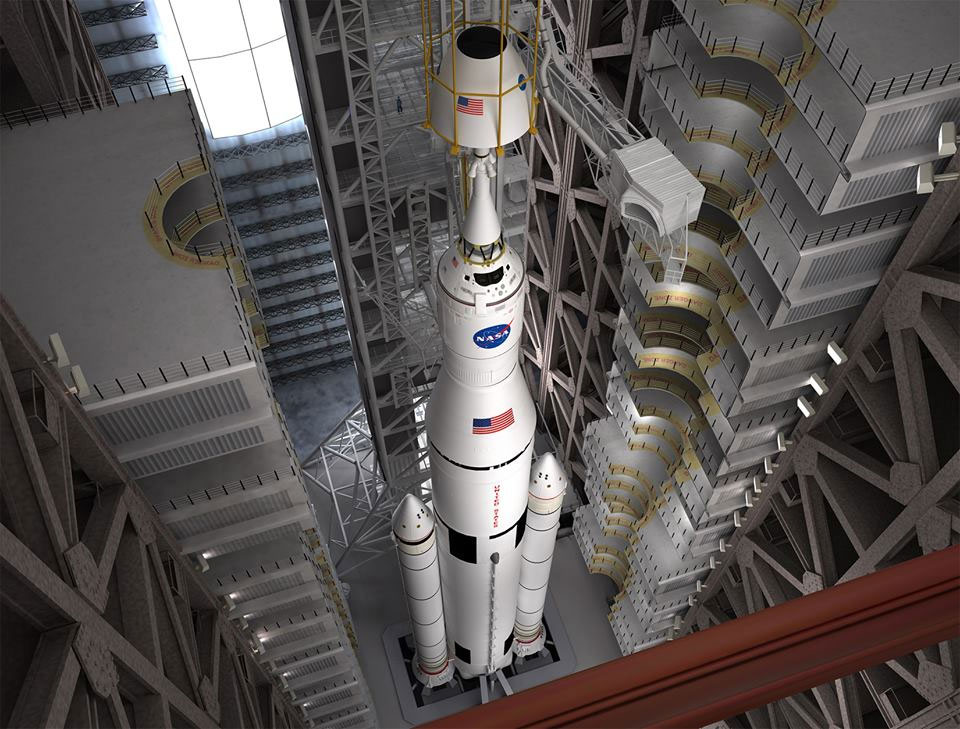 An artist's conception of the 38-story SLS with the orion on top, inside the Vehicle Assembly Building at Cape Canaveral.