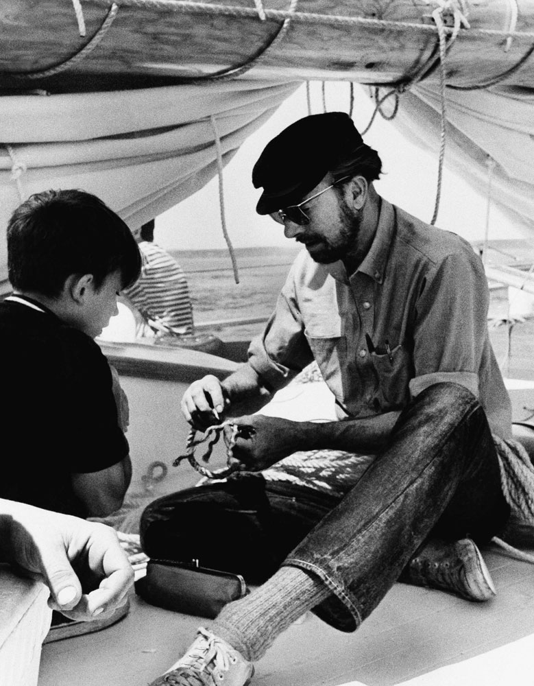 Folk singer Pete Seeger aboard his boat, the sloop Clearwater, on Aug. 12, 1969, sailing from Massachusetts to New York City.