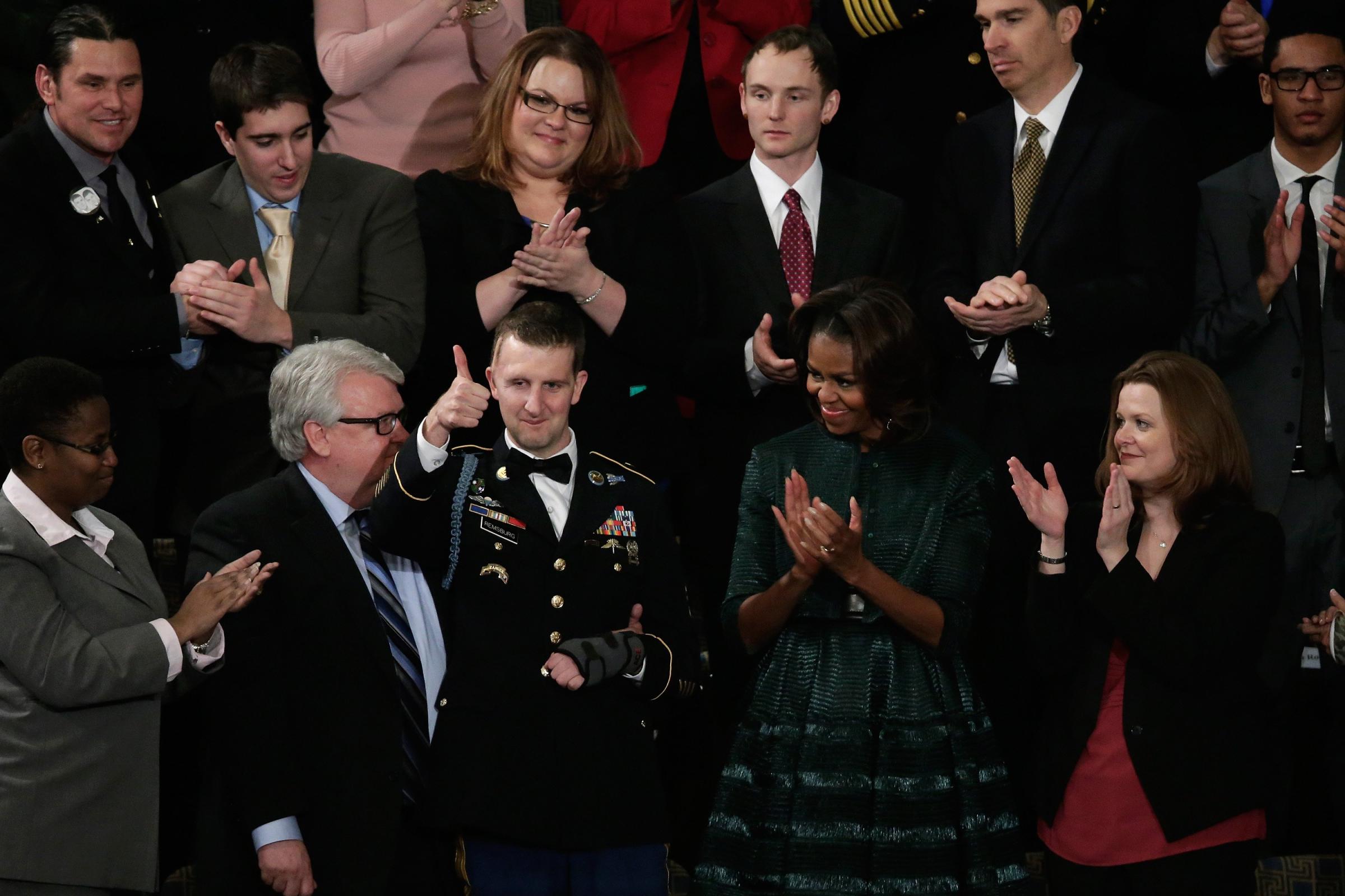 U.S. Army Ranger Sgt. First Class Cory Remsburg gives a thumbs up as he receives a standing ovation during the State of the Union.