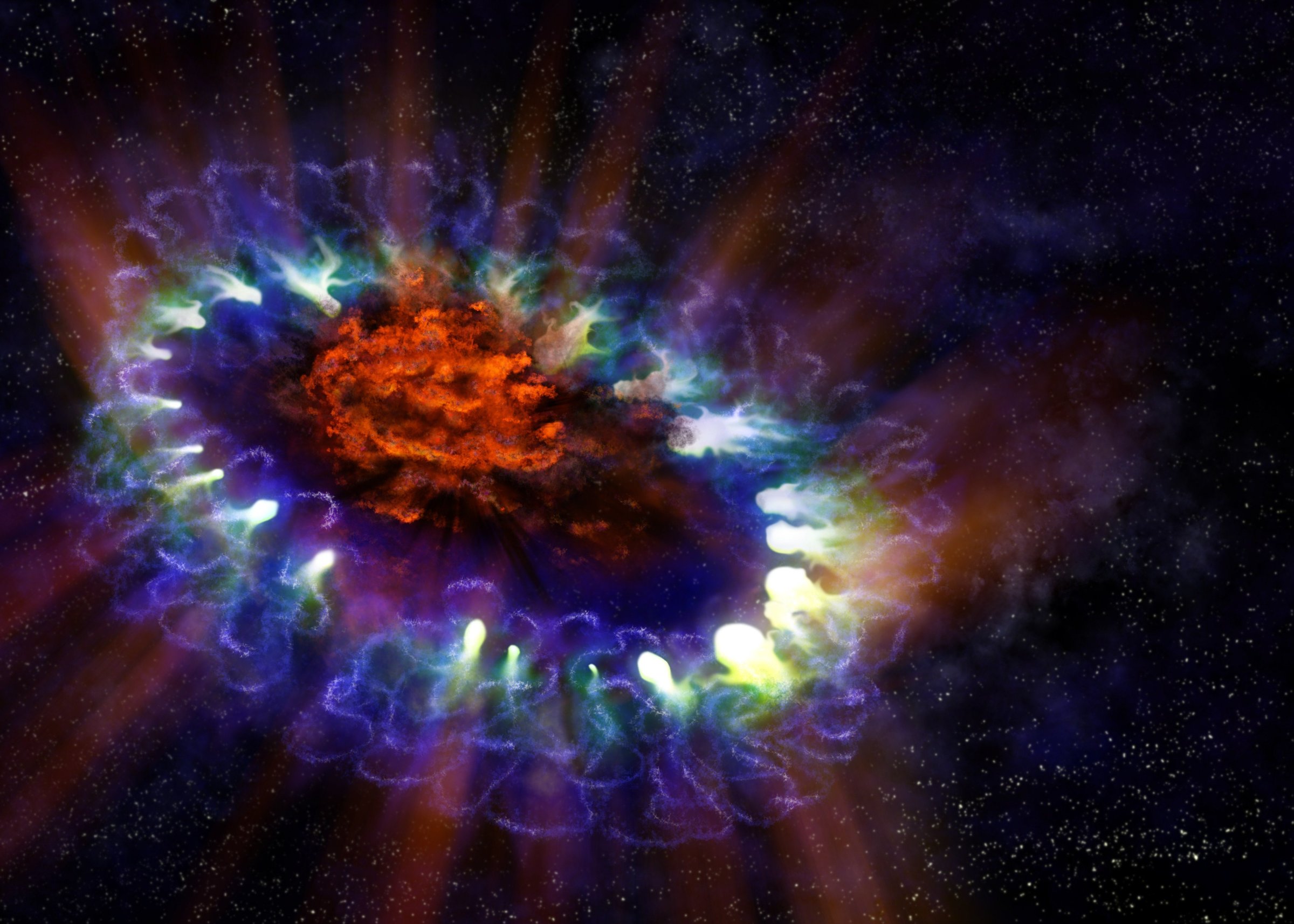 Artist's illustration of Supernova 1987A, based on real data with the cold, inner regions of the exploded star's remnants (in red) where tremendous amounts of dust were detected and imaged by the Atacama Large Millimeter/submillimeter Array (ALMA).