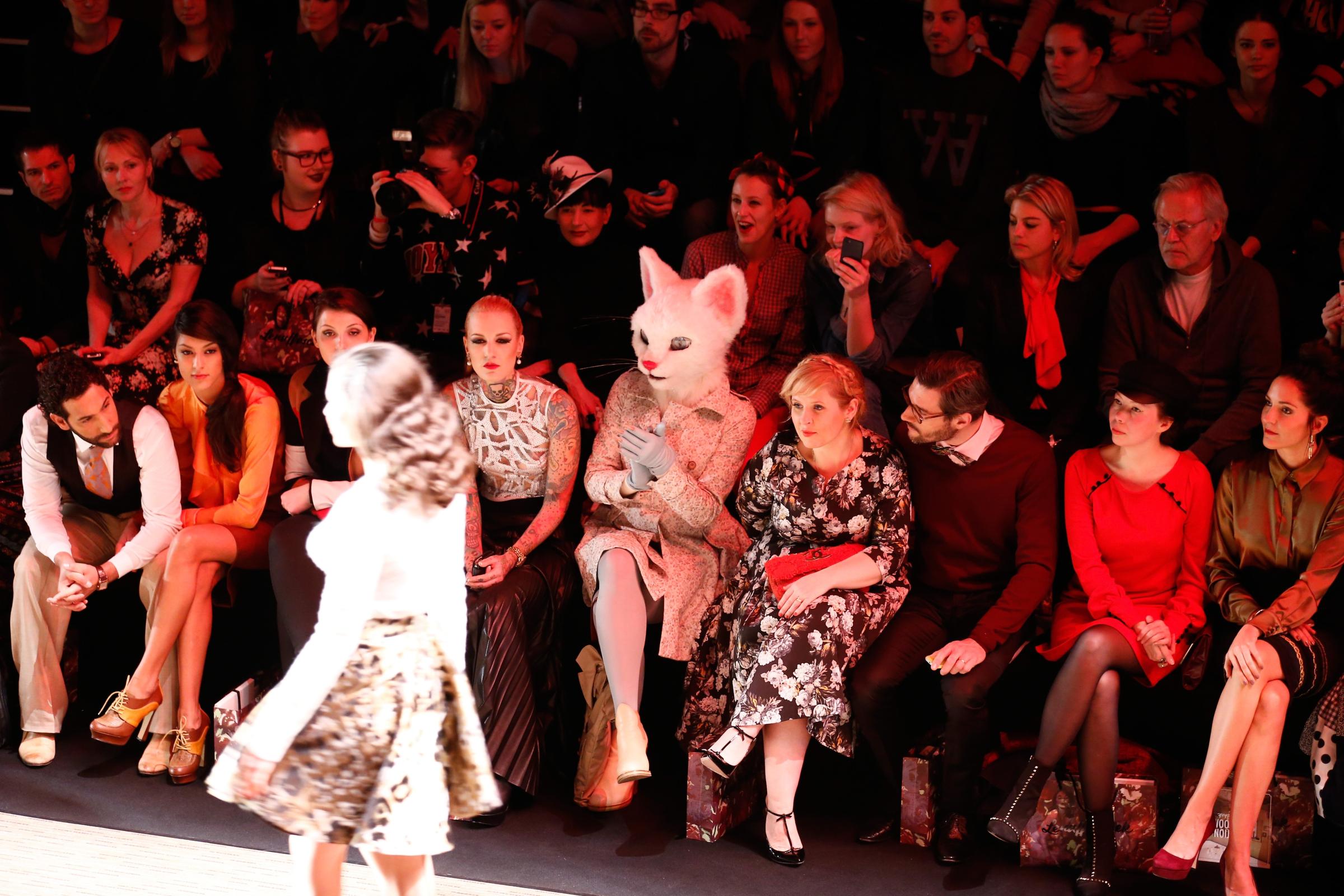 From left: Massimo Sinato, Rebecca Mir, Lexy Hill, Maite Kelly, Florent Raimond, guest, Johanna Klum attend the Rebekka Ruetz show during Mercedes-Benz Fashion Week in Berlin, Jan. 14, 2014.