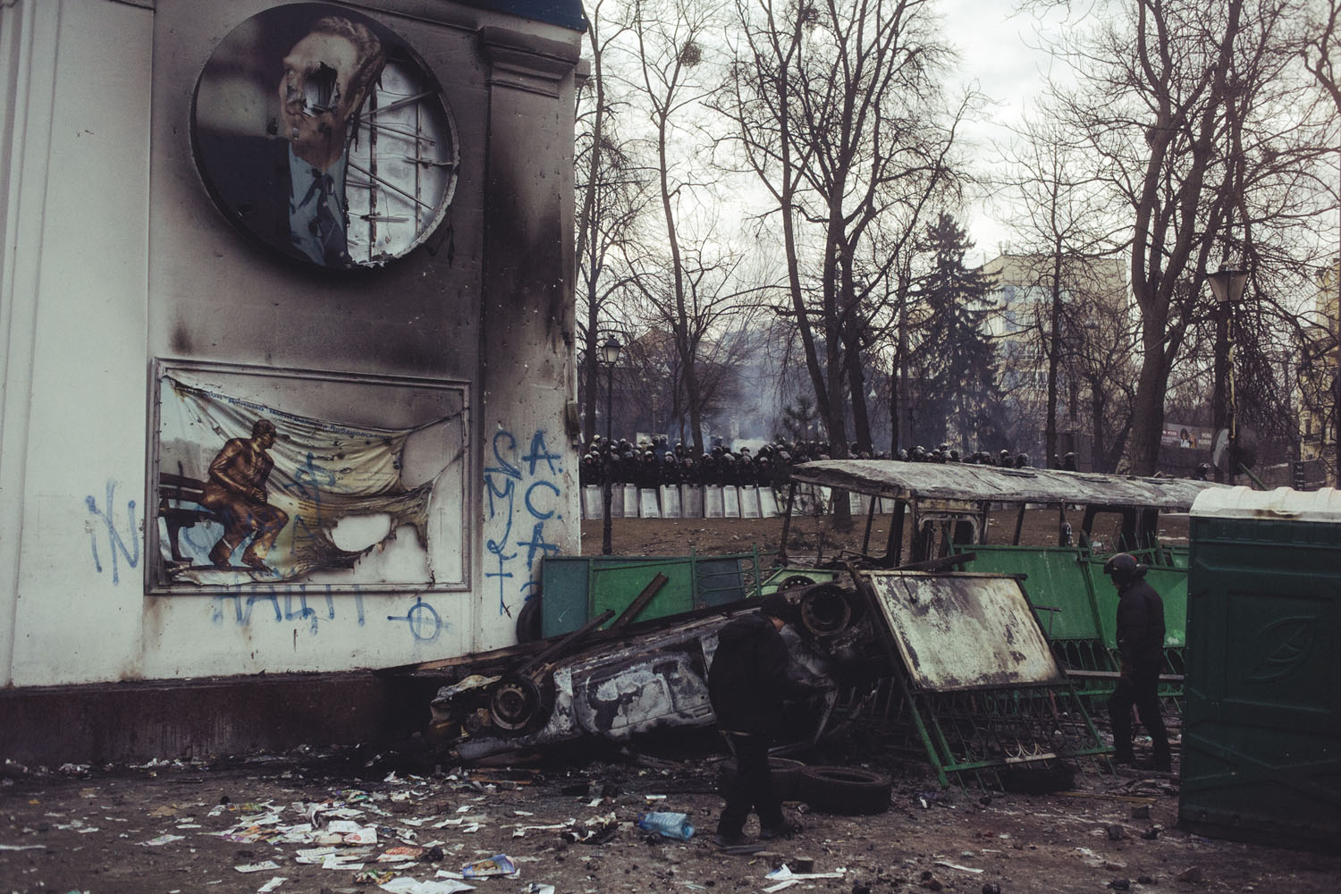 Jan. 20, 2014. The central entrance on Lobonovskogo stadium after the first night after protesters and riot police clashes in the center of Kiev, Ukraine.