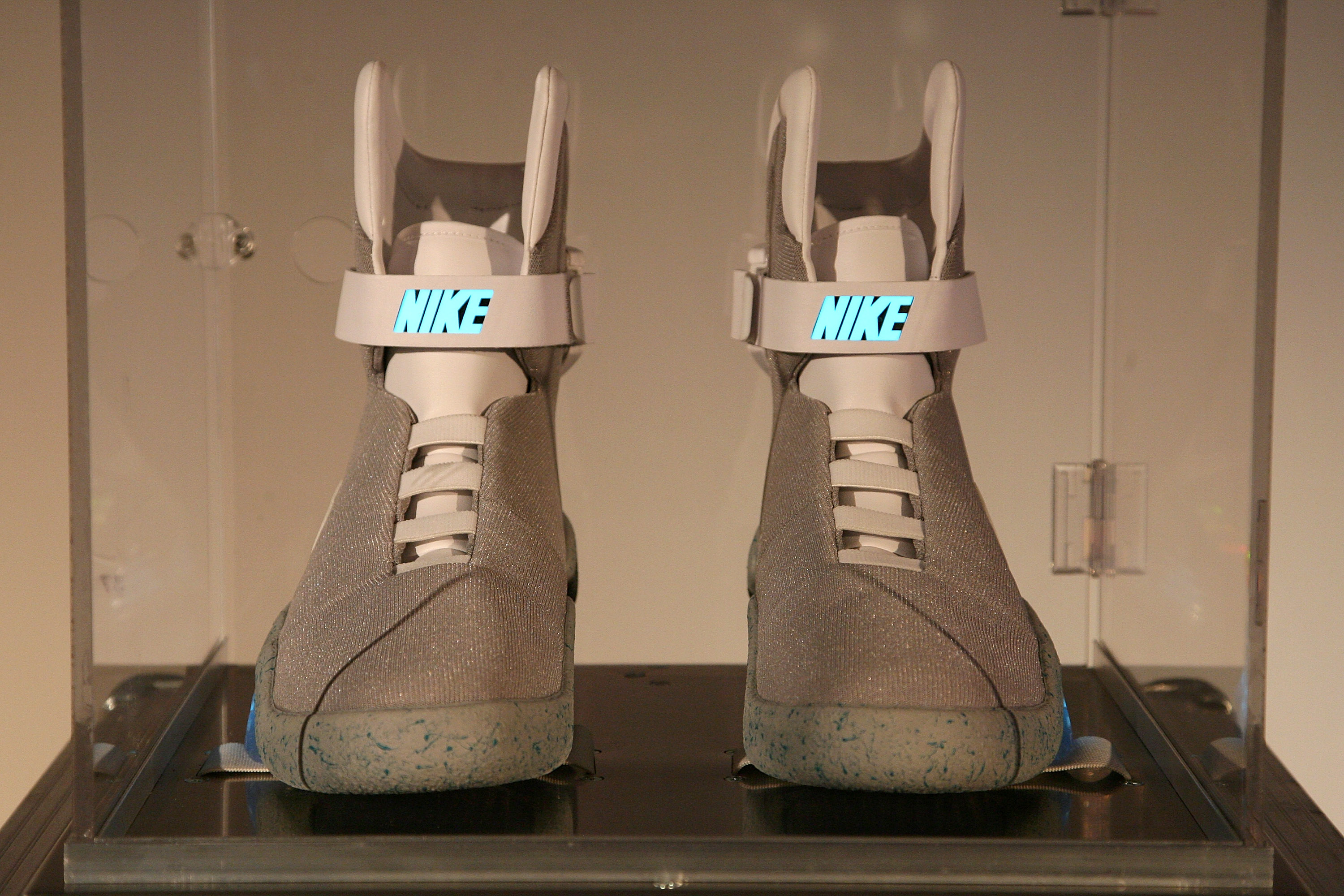 A pair of Nike limited edition sneakers are auctioned off at the Nike MAG Berlin auction at the Delight Studios on September 17, 2011 in Berlin, Germany. (James Coldrey—WireImage/Getty images)
