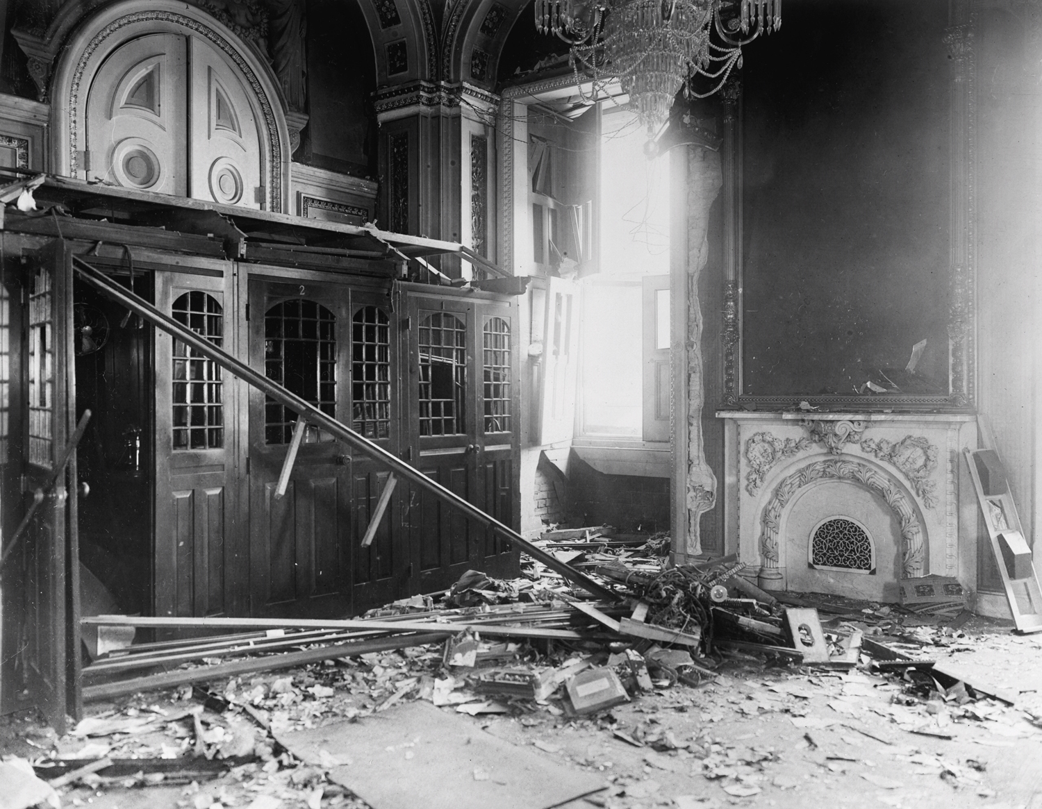 A photograph taken in the aftermath of an explosion that rocked the U.S. Capitol on July 2, 1915.