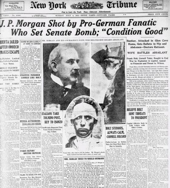 Front page of the New York Tribune, July 4, 1915, after a bomb attack on the U.S. Capitol and an assassination attempt on banker J. P. Morgan, Jr.