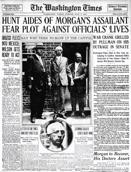 Front page of the Washington Times, July 4, 1915, after a bomb attack on the U.S. Capitol and an assassination attempt on banker J. P. Morgan, Jr.