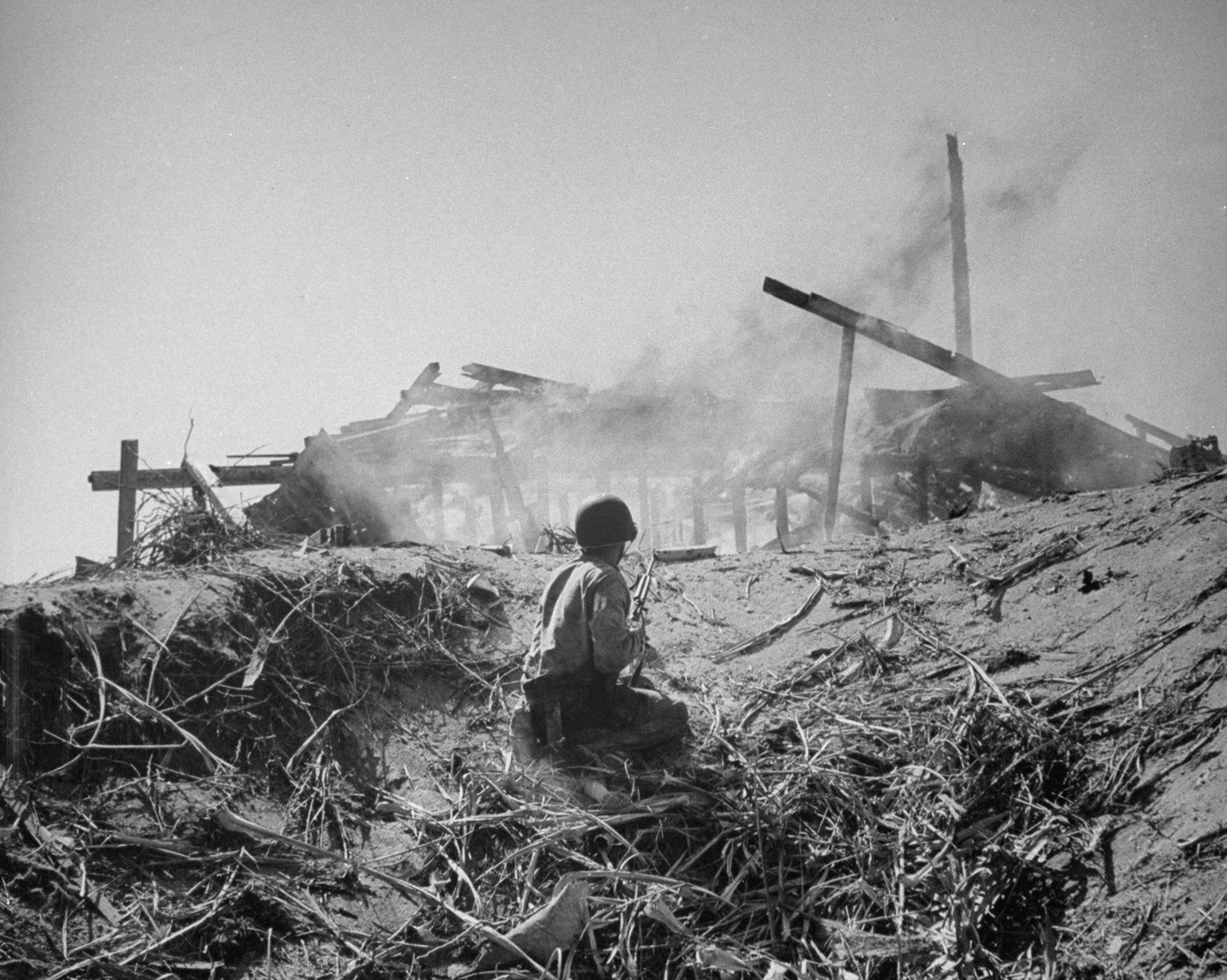 A U.S. Marine on Engebi Island during Battle of Eniwetok, February 1944.