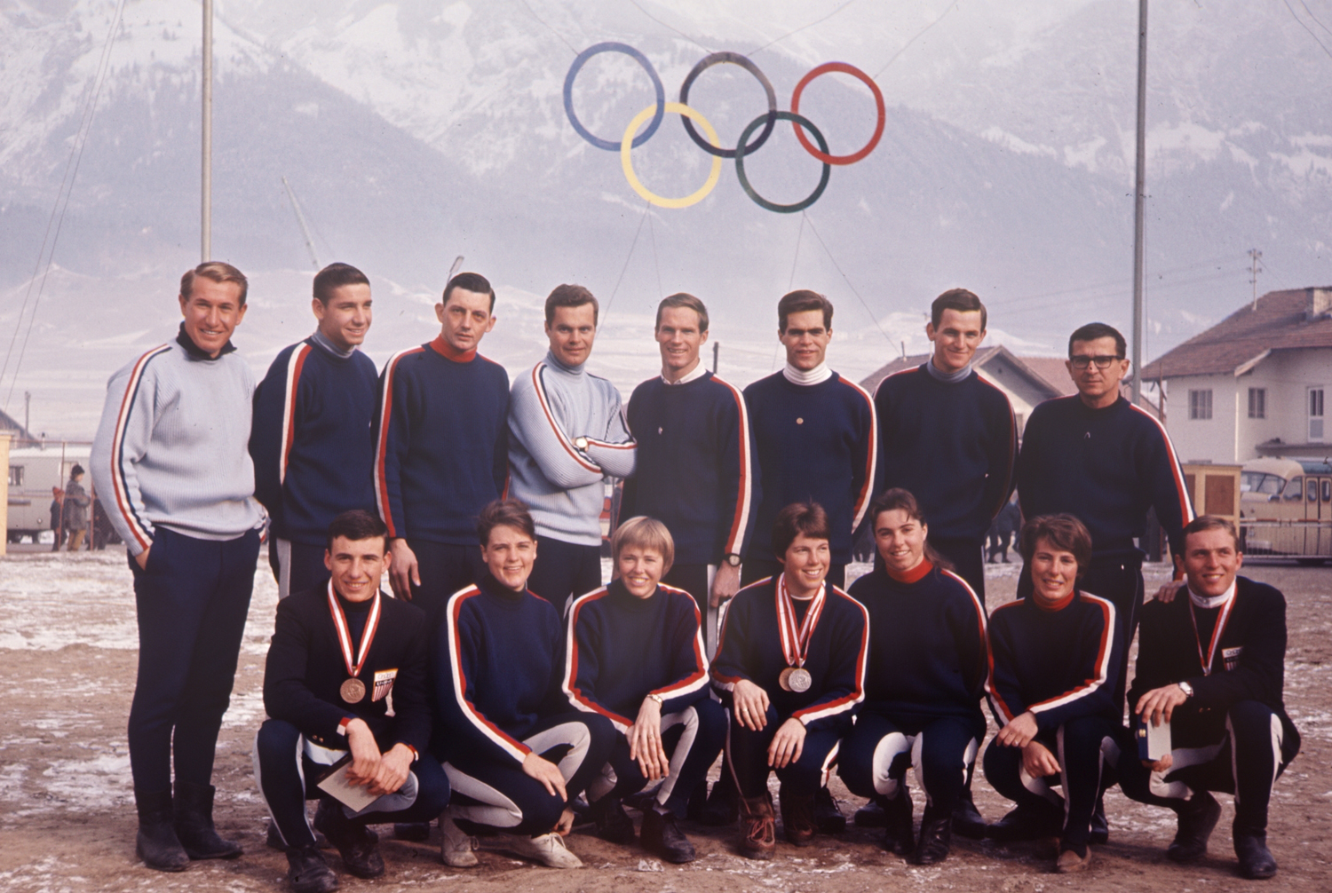 American skiers at the 1964 Innsbruck Winter Olympics, including medalists Jean Suabert (front row, center), James Heuga (front, far left) and Bill Kidd (front, far right).