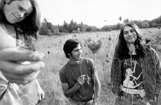 Nirvana in 1988: Chad Channing (left), Krist Novoselic (middle) and Kurt Cobain (right). Dave Grohl replaced Channing on drums after Nirvana's 1989 debut album, Bleach, was released on Sub Pop.