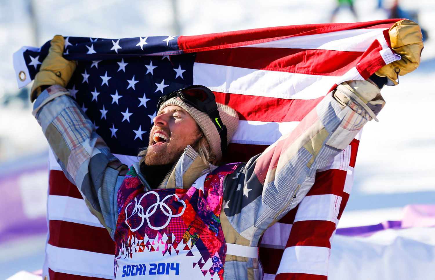 Winner Sage Kotsenburg of the U.S. celebrates after the men's snowboard slopestyle final competition at the 2014 Sochi Olympic Games in Rosa Khutor, Feb. 8, 2014. (Mike Blake / Reuters)