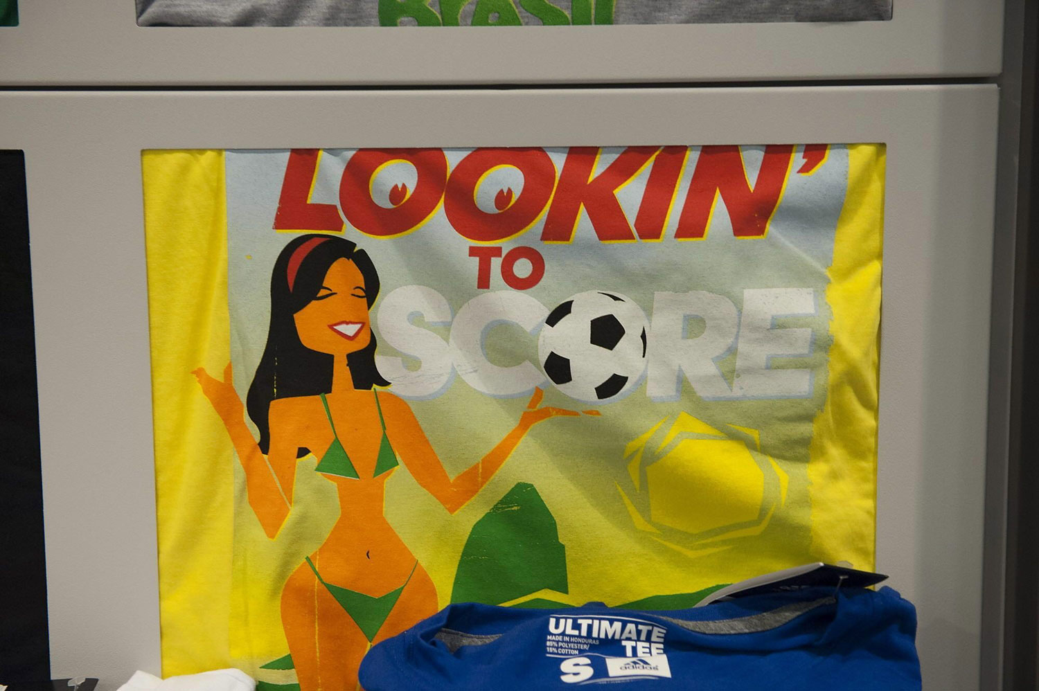 Detail of Adidas' Brazil 2014 World Cup t-shirts seen in a shop in San Francisco, Feb. 25, 2014. (Peter Maiden—ZumaPress)