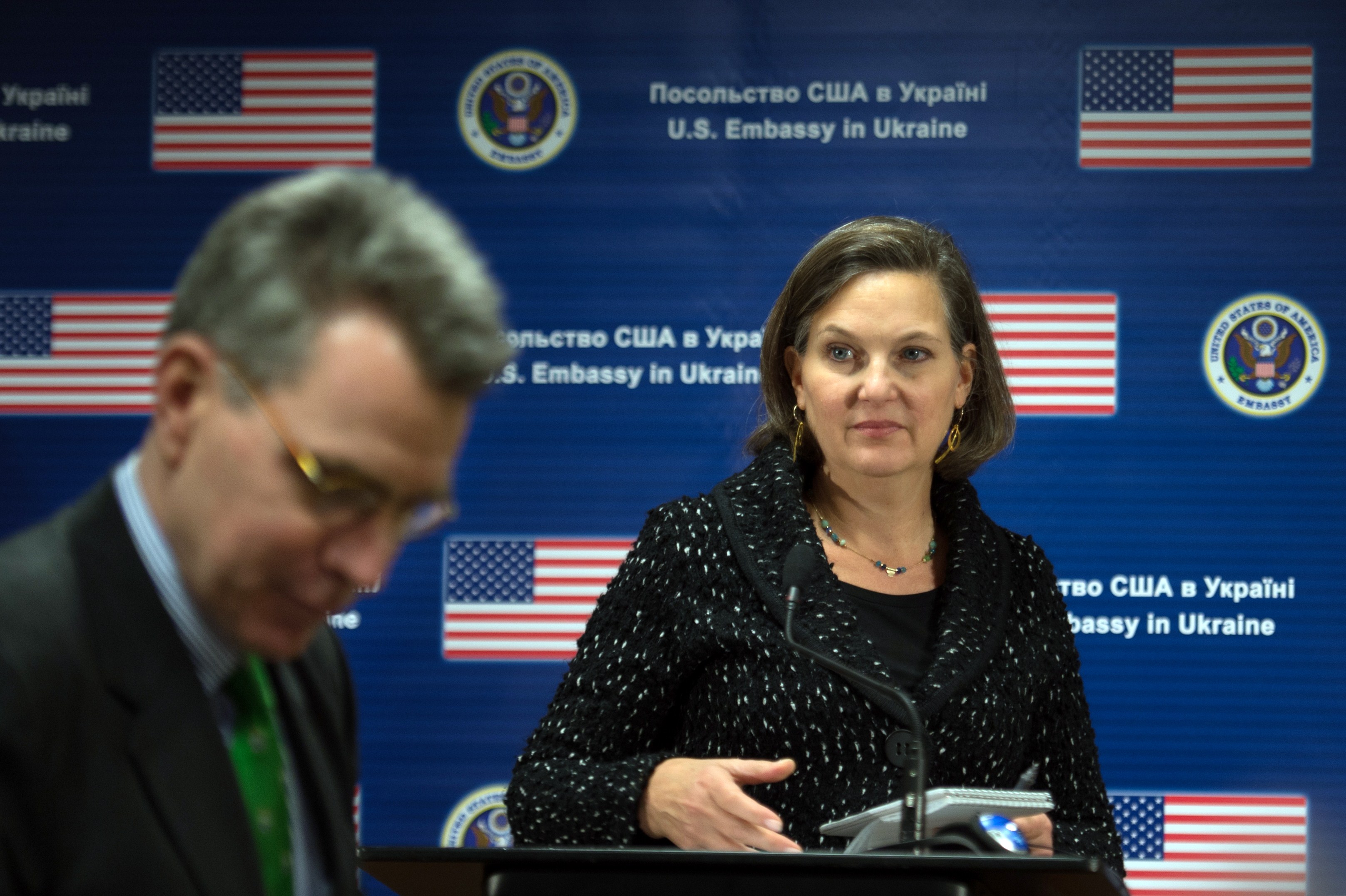 US State Department Assistant Secretary of State for European and Eurasian Affairs Victoria Nuland and US ambassador to Ukraine Geoffrey R. Pyatt  arrive to hold a press conference at the US Embassy in Kiev  on February 7, 2014. (Martin Bureau&mdash;AFP/Getty Images)