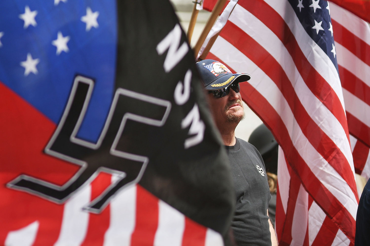 Members of the National Socialist Movement rally in Los Angeles, in 2010. (David McNew—Getty Images)