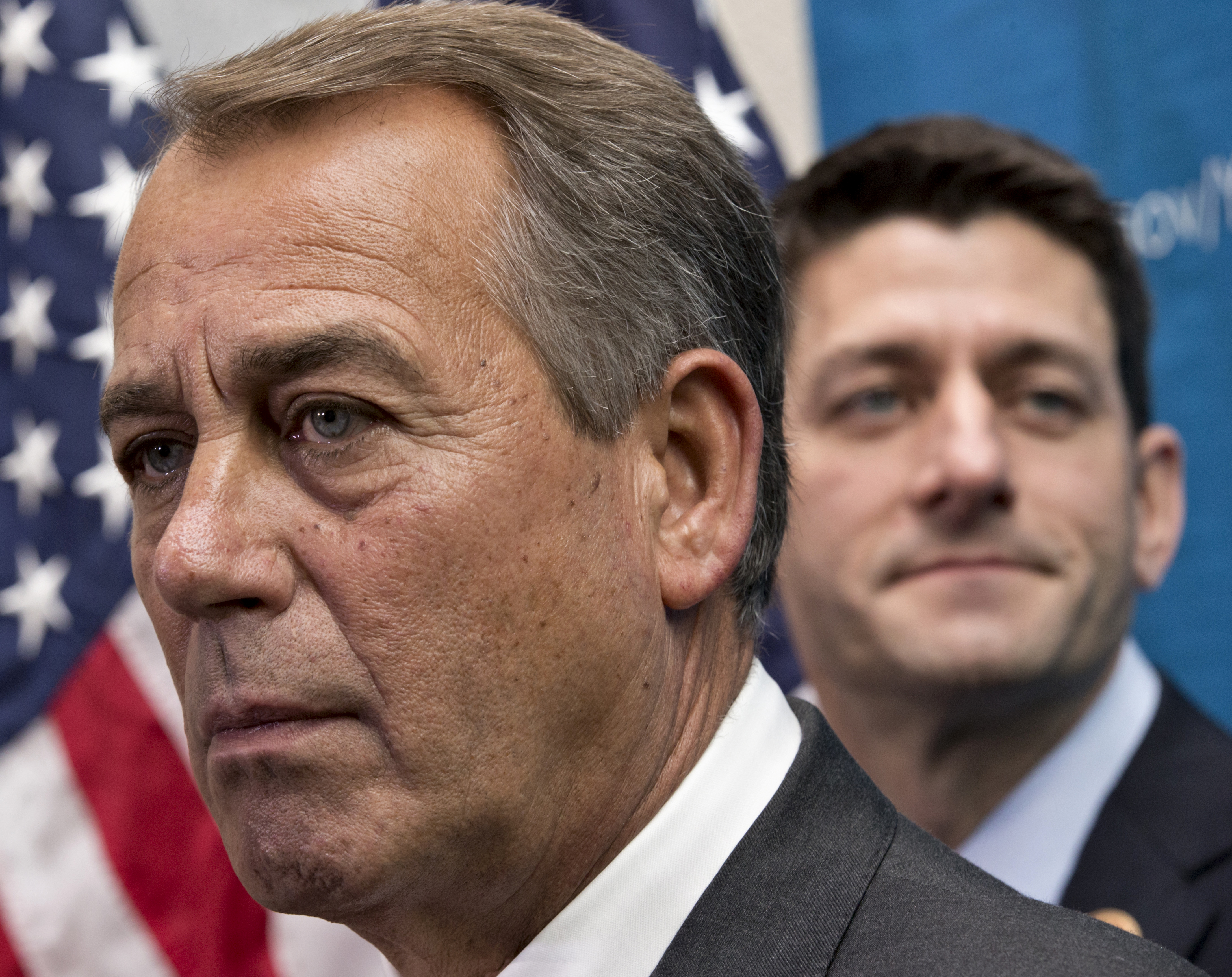 From left: House Speaker John Boehner of Ohio joined by House Budget Committee Chairman Rep. Paul Ryan takes reporters' questions, on Capitol Hill in Washington, D.C., on Dec. 11, 2013. (J. Scott Applewhite / AP)
