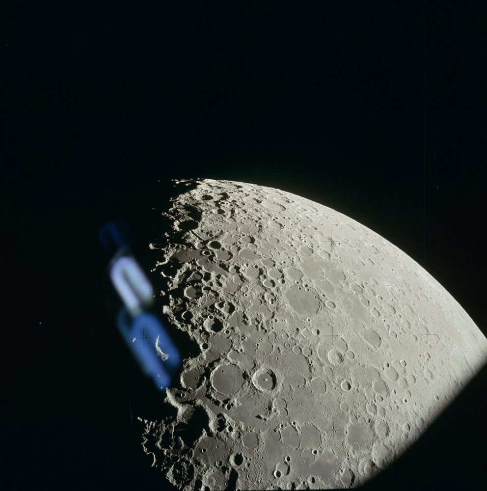 The lunar surface from a high, non-orbital altitude.