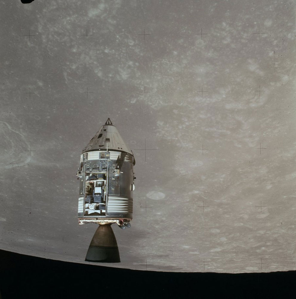 The command/service module—which remained in orbit above the moon and was the astronauts' only ride home—had its own open equipment bay, which contained instruments and cameras to study and photograph the moon and its environment.