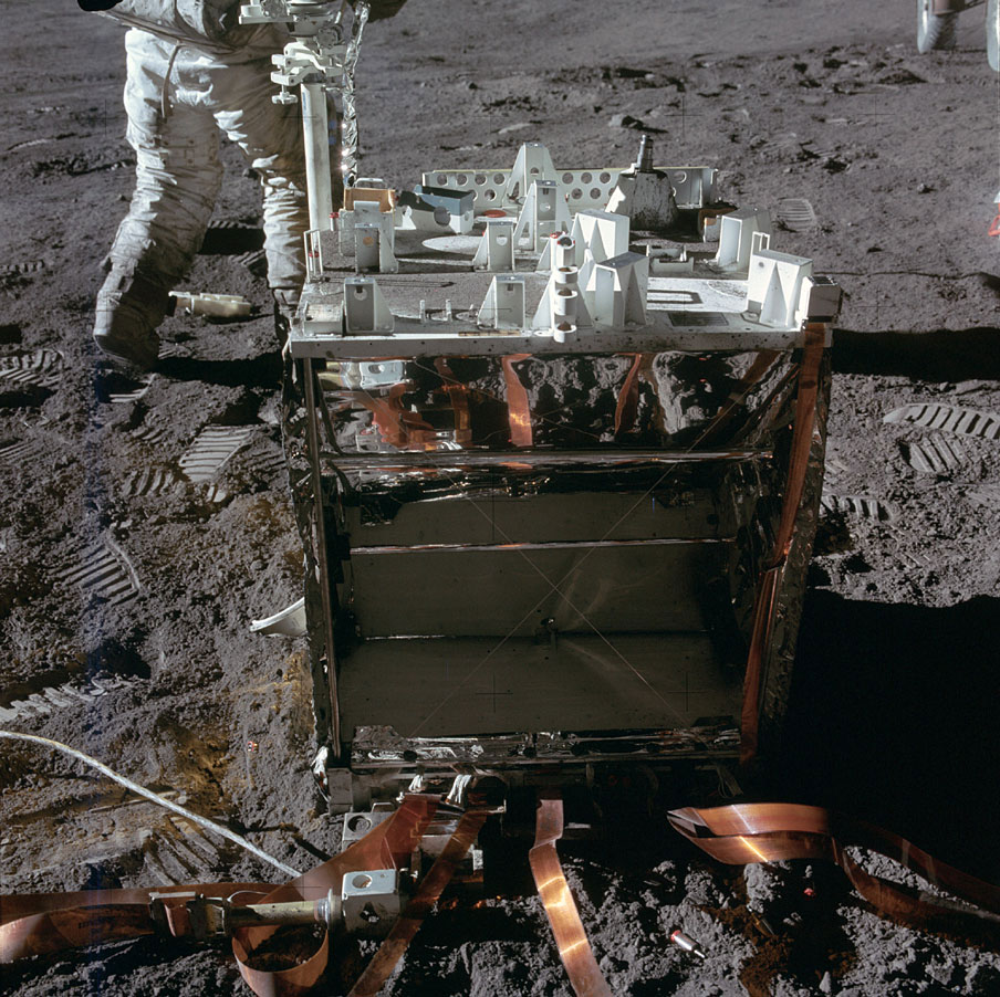 Every Apollo crew deployed what was known as an Apollo Lunar Surface Experiments Package (ALSEP) which, as the name suggests, was an array of various sensors and instruments. Each was connected to a central station, pictured here. A stray bolt and other debris littered the ground nearby.