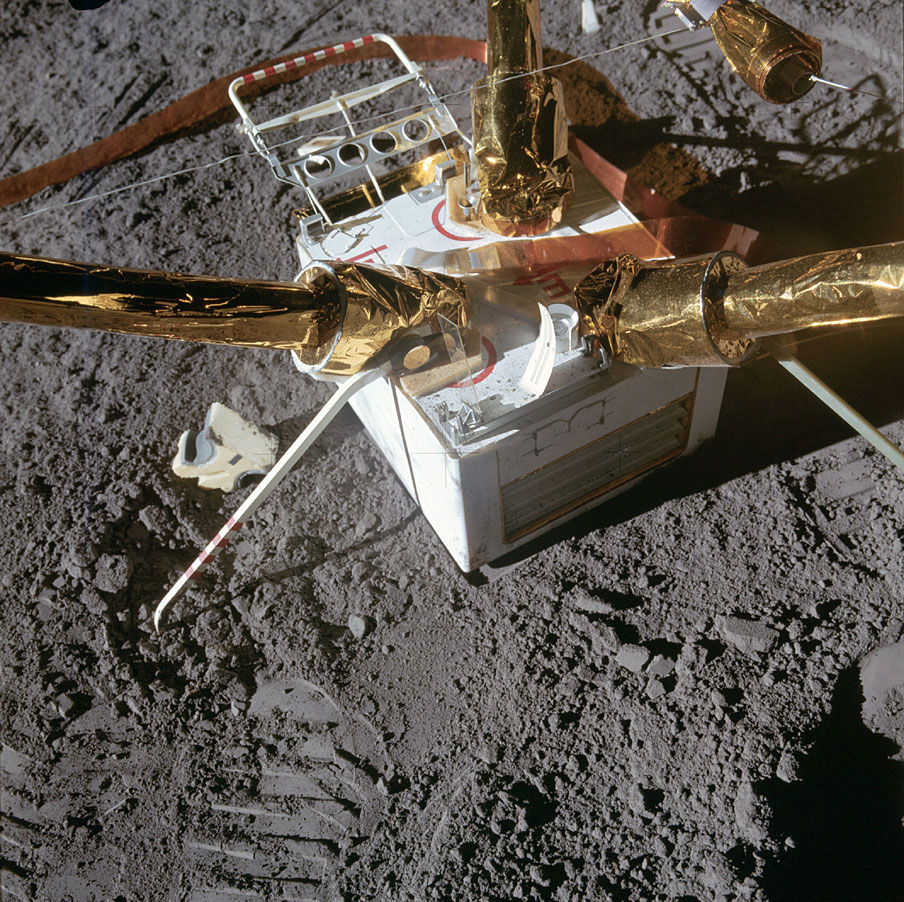 Close-up of the top of the lunar surface magnetometer, which was used to measure the moon's magnetic activity.