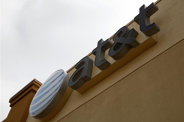 A view shows the AT&T store sign in Broomfield, Colorado