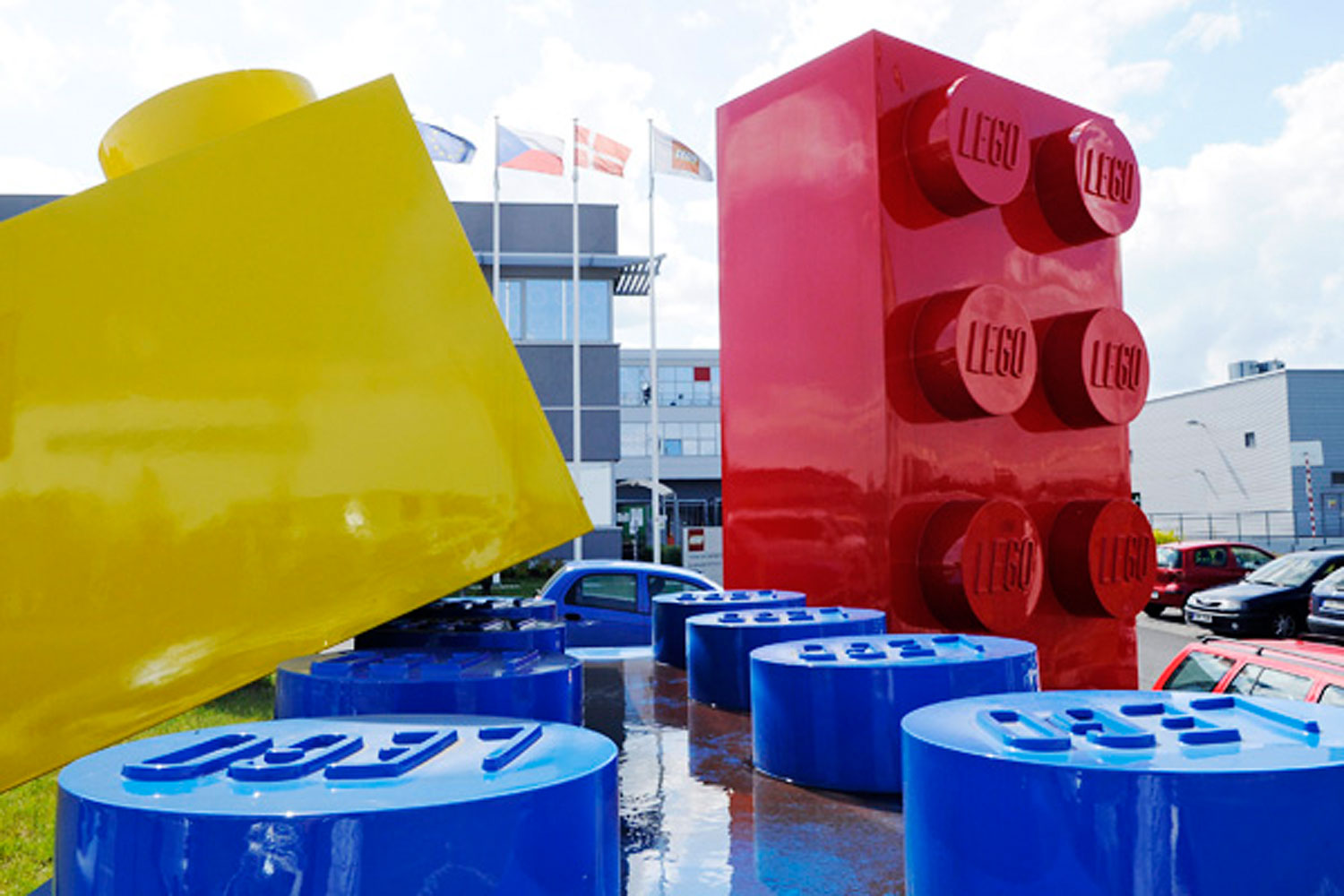Giant Lego bricks stand on display outside the Lego A/S assembly plant in Kladno, Czech Republic