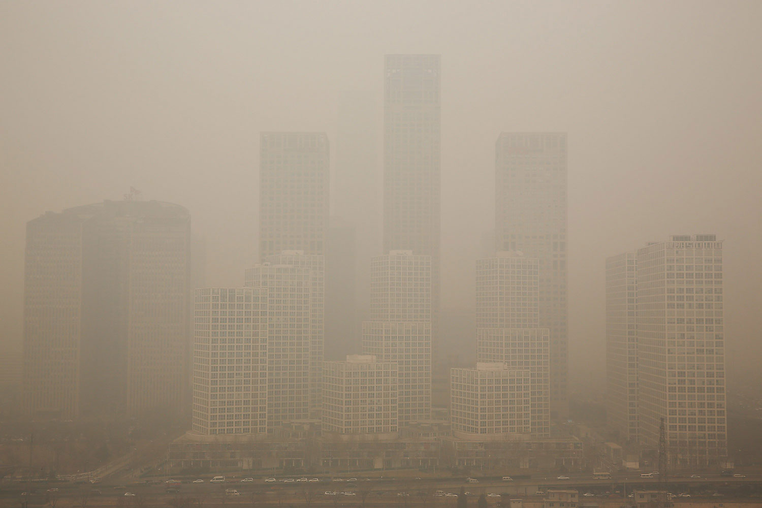 A general view of the pollution covered Beijing CBD on Feb. 25, 2014 in Beijing.