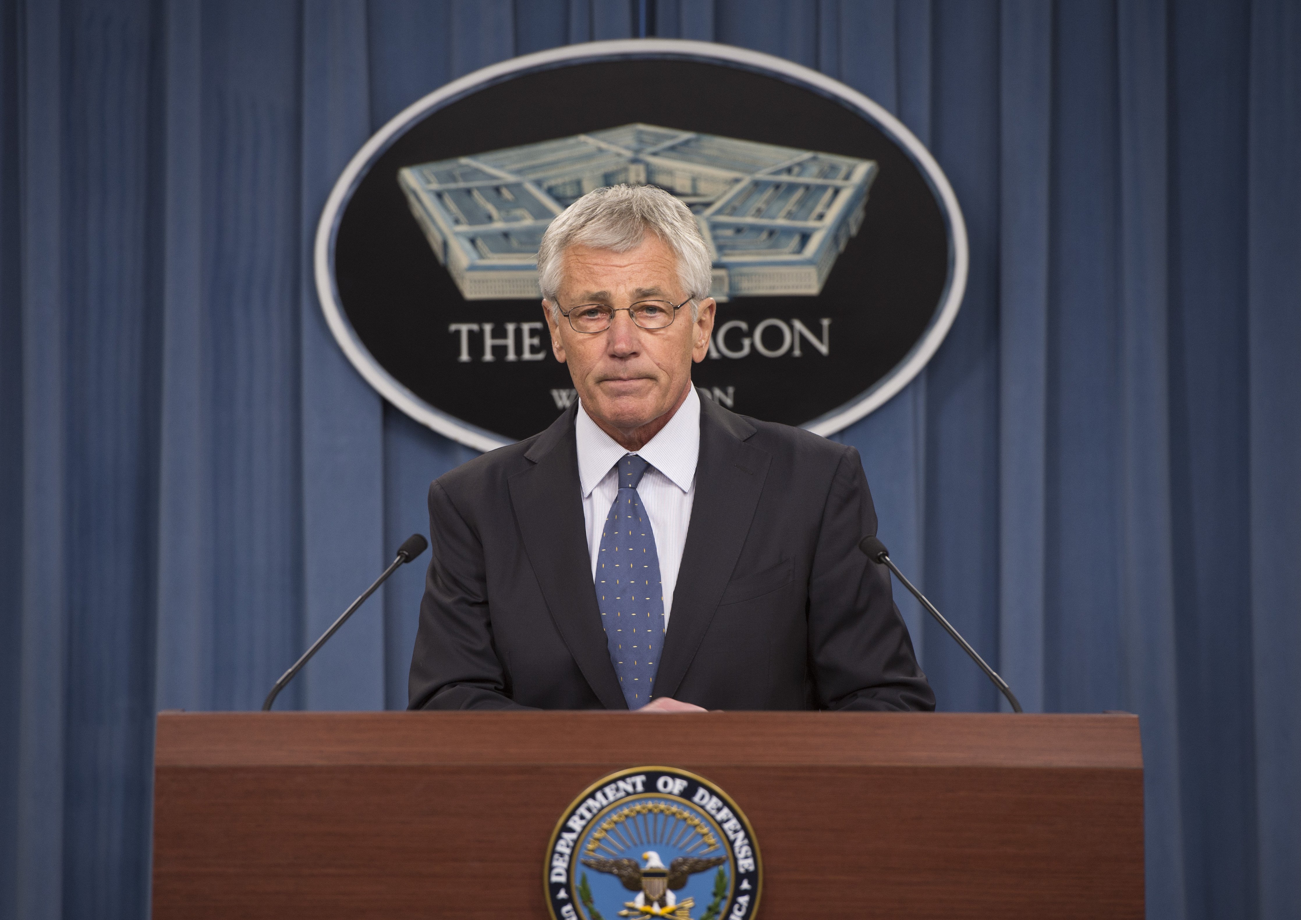 U.S. Defense Secretary Chuck Hagel meets with Pentagon media to outline a five year Pentagon budget what will shrink the Army forces and the rest of the DOD, on Feb. 24, 2014.