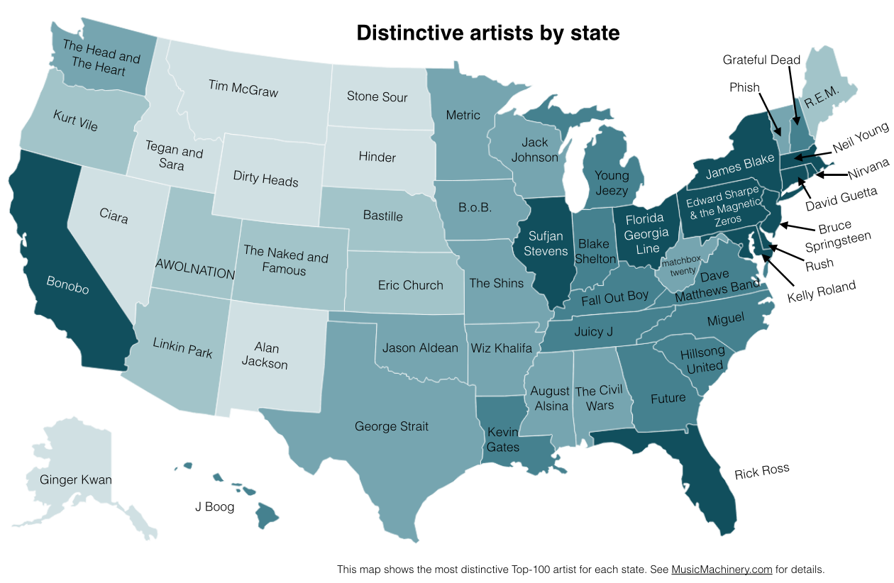 Favorite Bands By State Map From The Echo Sound Time